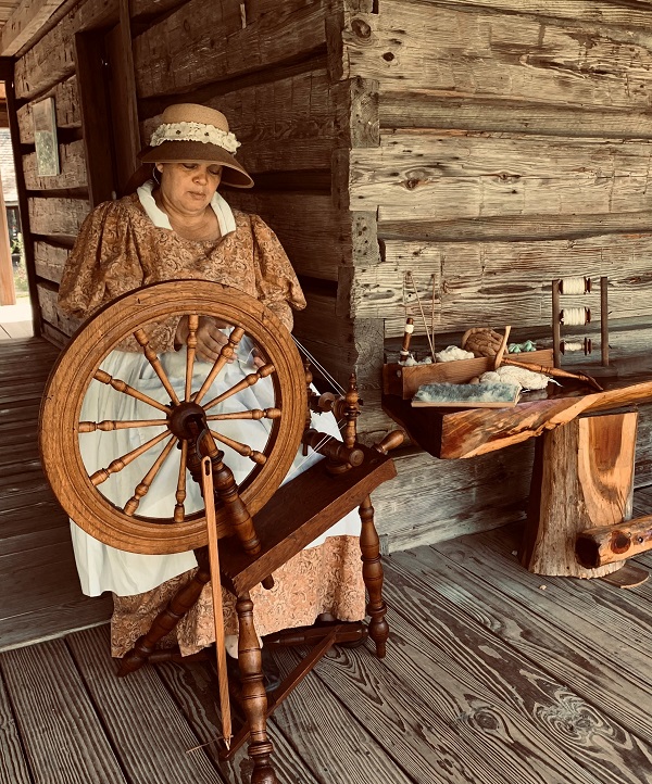 Joy spinning at Bear Bend Cabin